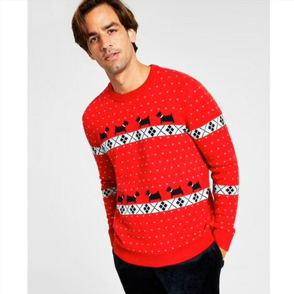 Charter Club Sweater Scottie Dog Argyle Print Red Scottish‎ Terrier Men Sz Large